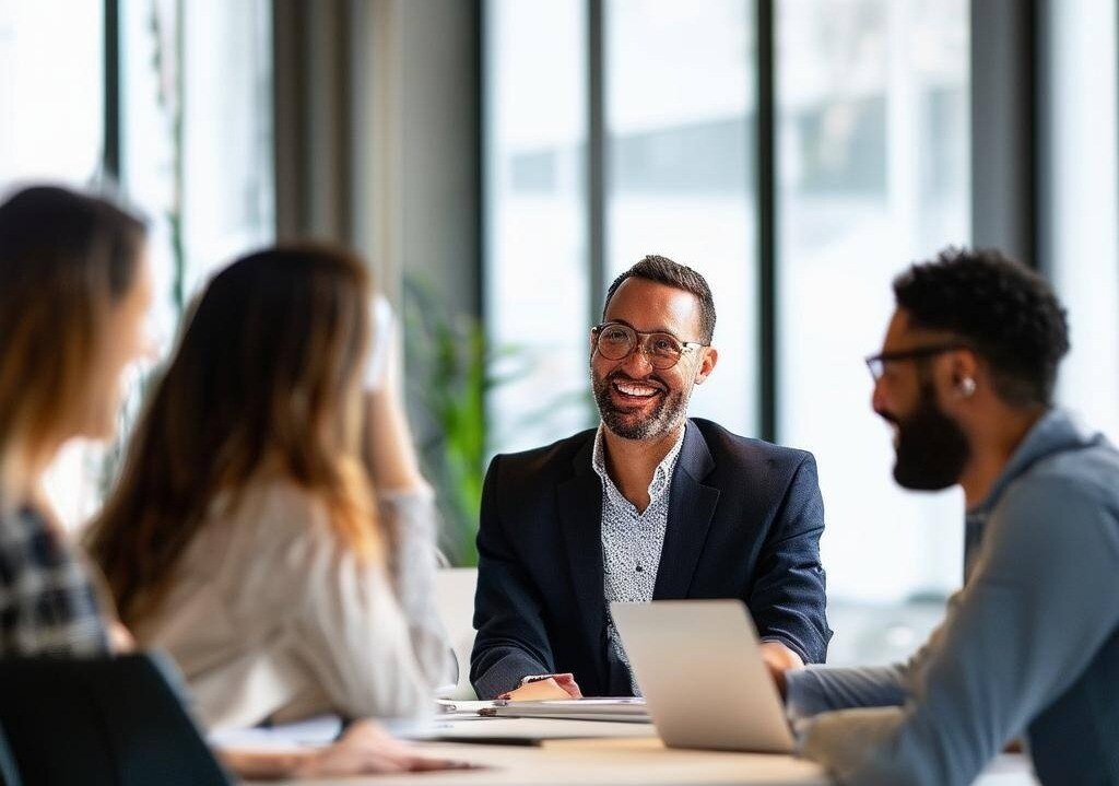 an employee benefits broker and client working together in a casual office setting, smiling, several people around table-1