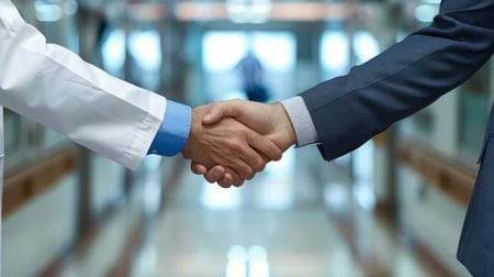 Healthcare leader shaking hands with a business person.  